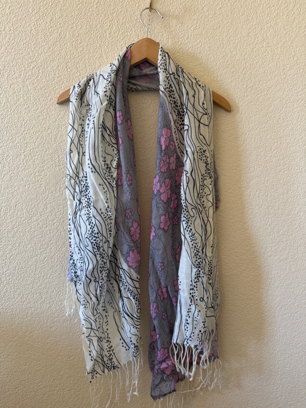 Wool Pashmina Floral Gray and Pink Wrap Scarf
